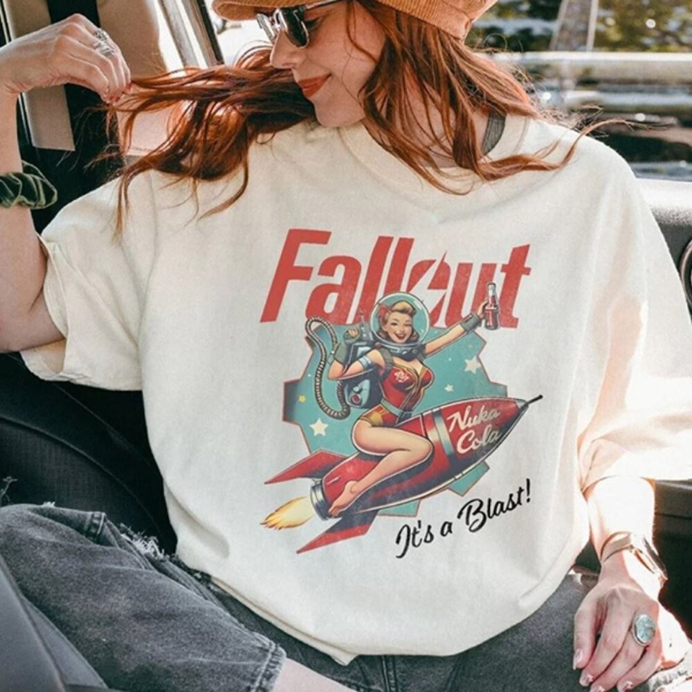 New Fallout Graphic T Shirt Nuka Cola Bottle Cap Vintage Ad Video Game